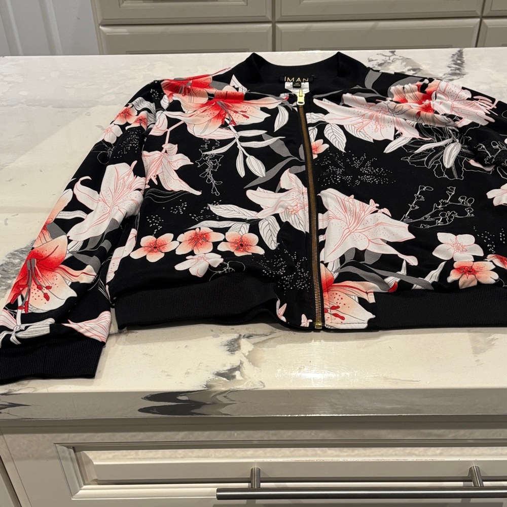 IMAN Black Floral Jacket Zip Up